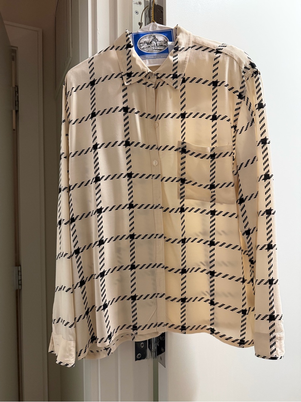 Anine Bing Beige Windowpane Button-Down Shirt with Black Grid and Matching Pants